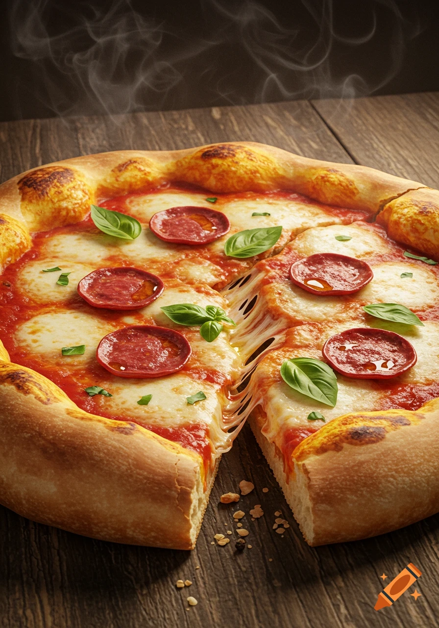 Photorealistic close-up of a steaming hot pepperoni pizza with melted cheese and basil leaves on a wooden table, a slice pulled out.