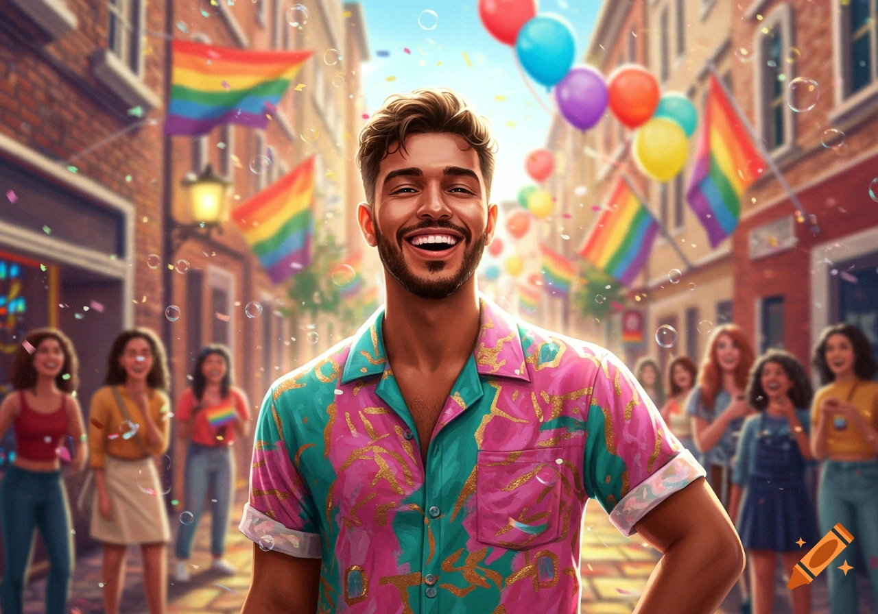 A smiling man in a vibrant pink and teal shirt in a street filled with rainbow flags, balloons, confetti, and diverse people.