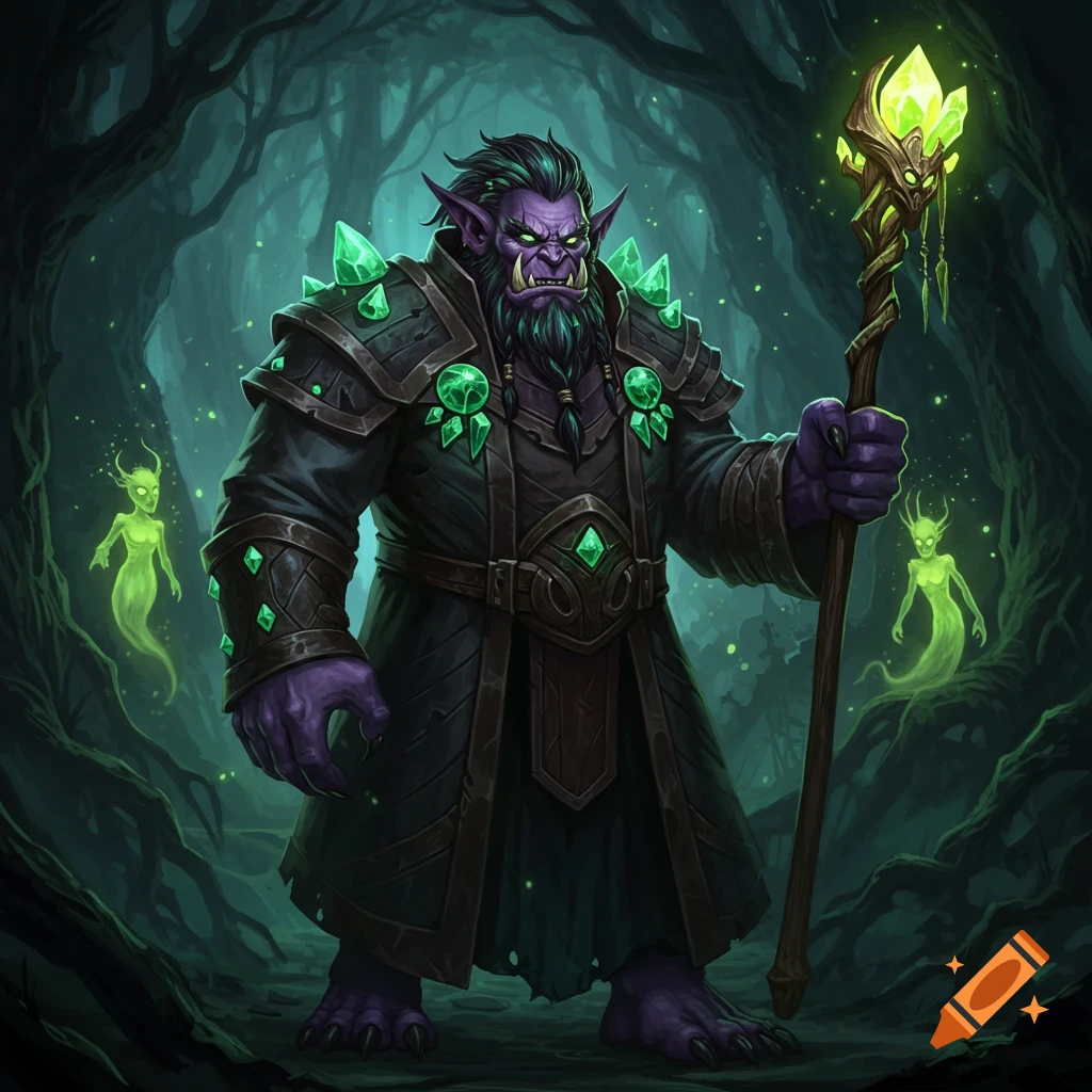 A purple-skinned, green-eyed fantasy adventurer with a beard and armor covered in emerald crystals holds a glowing staff in a dark, enchanted forest with luminous green wisps.