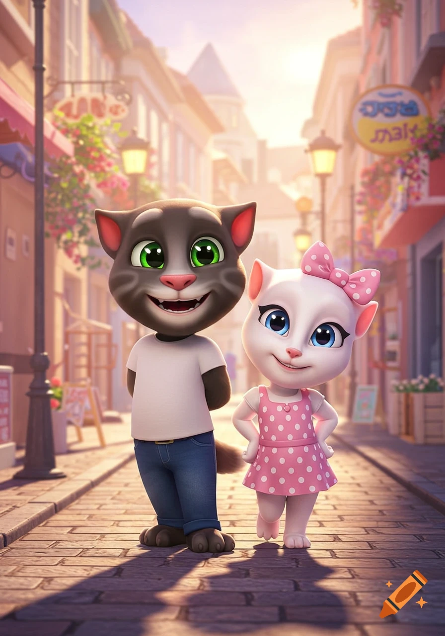 Talking Tom and Talking Angela, two cartoon cats, stand smiling on a cobblestone street in a whimsical town.