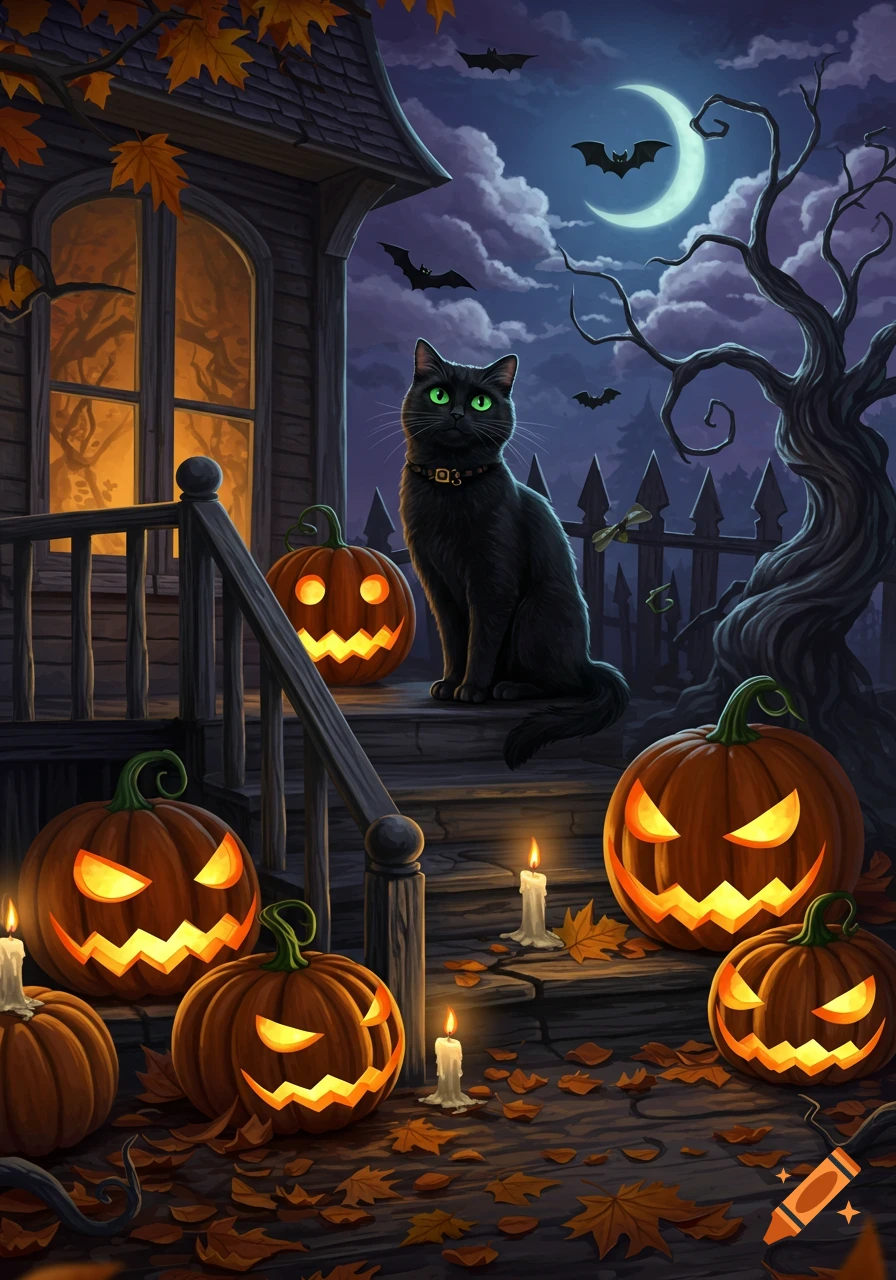 A black cat with glowing green eyes sits on the steps of a haunted house surrounded by carved jack-o'-lanterns and candles at night, with bats flying under a crescent moon.