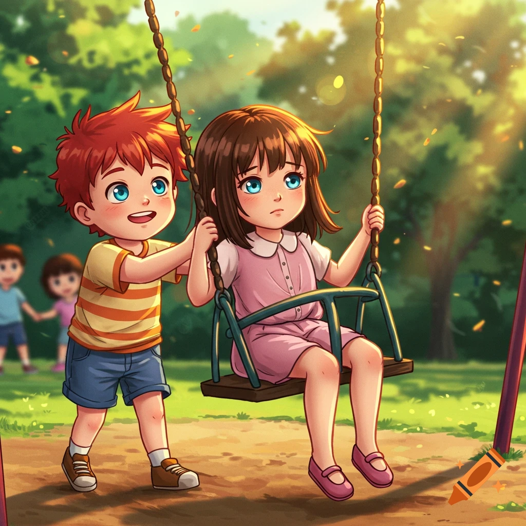 An anime boy pushes a girl on a swing at a sunny playground.