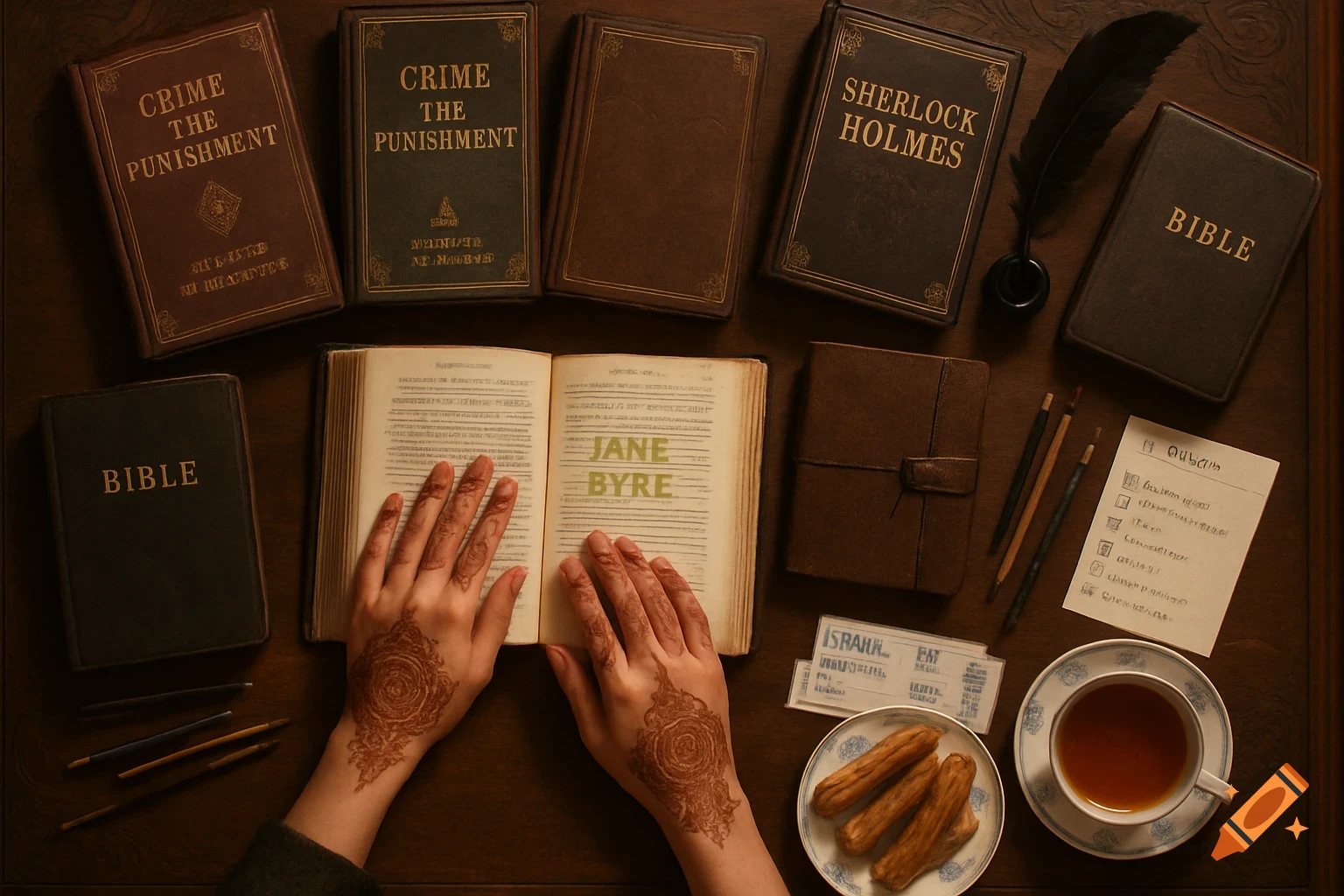 An aerial view of a dark academia table with hands adorned with Arabic henna designs reaching for an open book titled "Jane Byre." Surrounding the book are classic literature volumes like "Crime the Punishment" and "Sherlock Holmes," a quill, inkpot, pencils, a to-do list, churros, and a cup of tea.