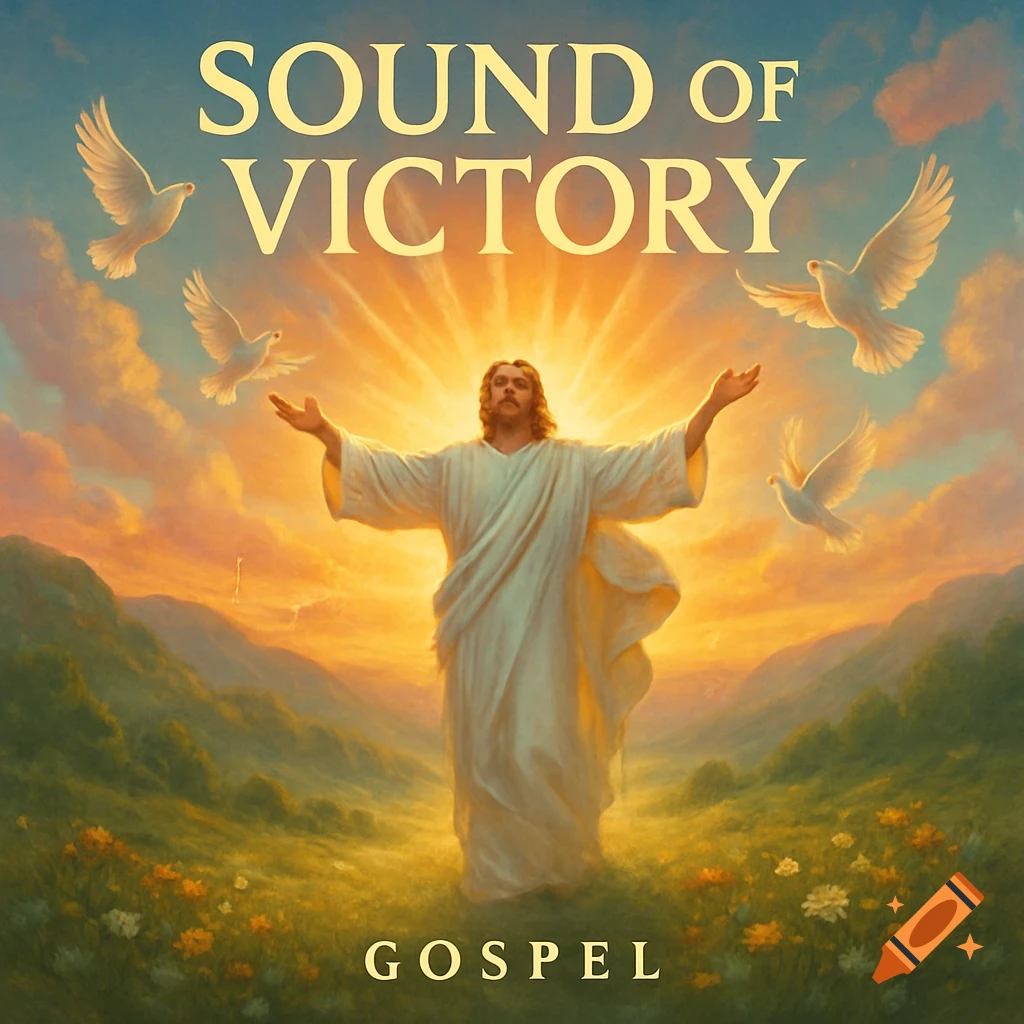 Jesus with outstretched arms in a sunny, green landscape, doves flying, and text 'SOUND OF VICTORY' and 'GOSPEL'.