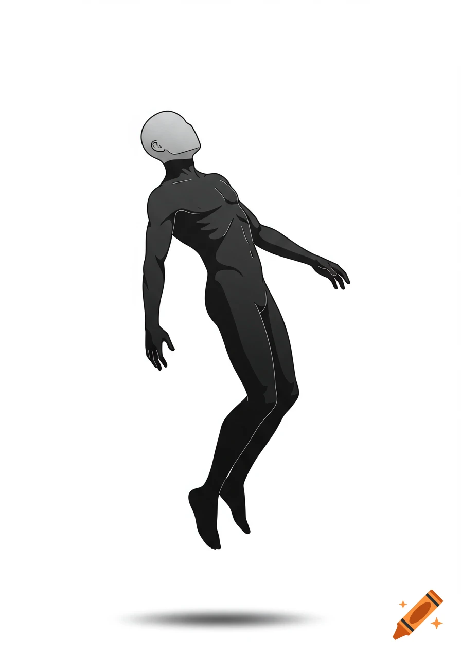 A minimalist black illustration of a faceless human figure levitating against a white background.