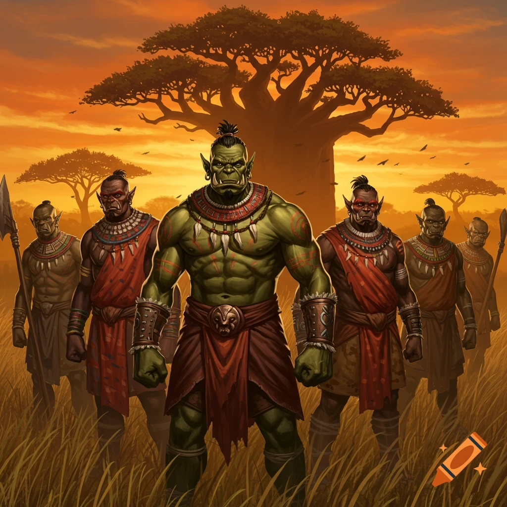 Muscular green orcs in tribal attire stand in a savanna at sunset with baobab trees.