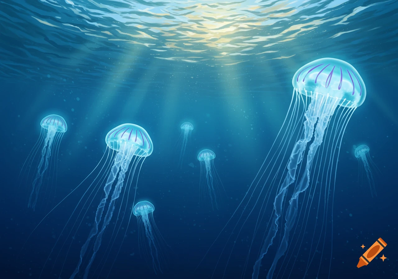 Bioluminescent jellyfish with glowing bodies and long tentacles swim in a deep blue ocean with sun rays filtering from the surface.