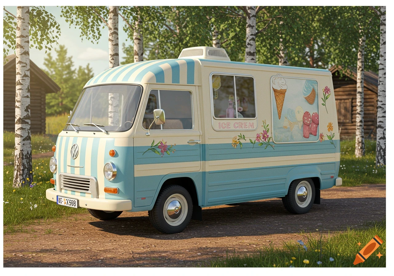 A retro, light blue and cream striped ice cream van with flower decals parked on a dirt road in a sunny birch forest.