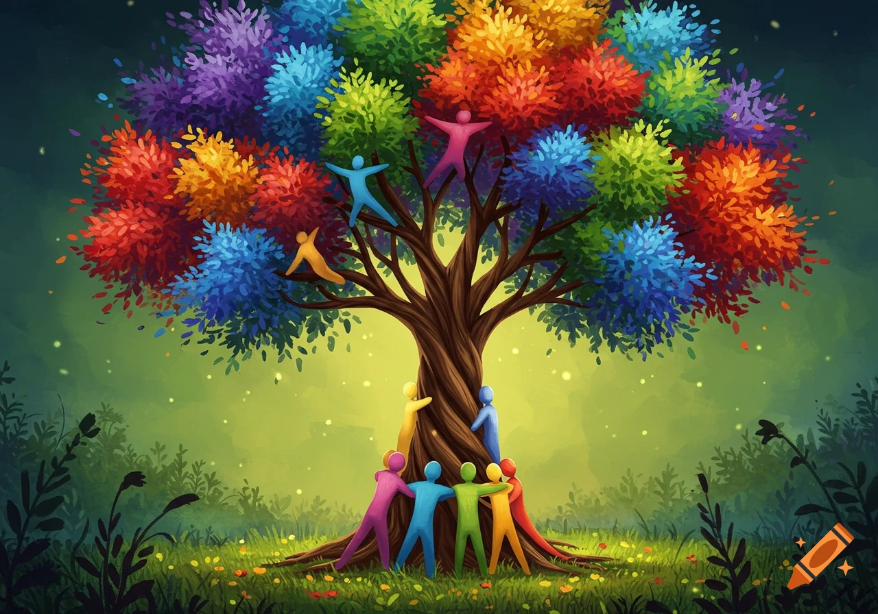 A vibrant, illustrative tree with a trunk formed by colorful, stylized human figures, and multi-colored leaves, set in a glowing green forest.