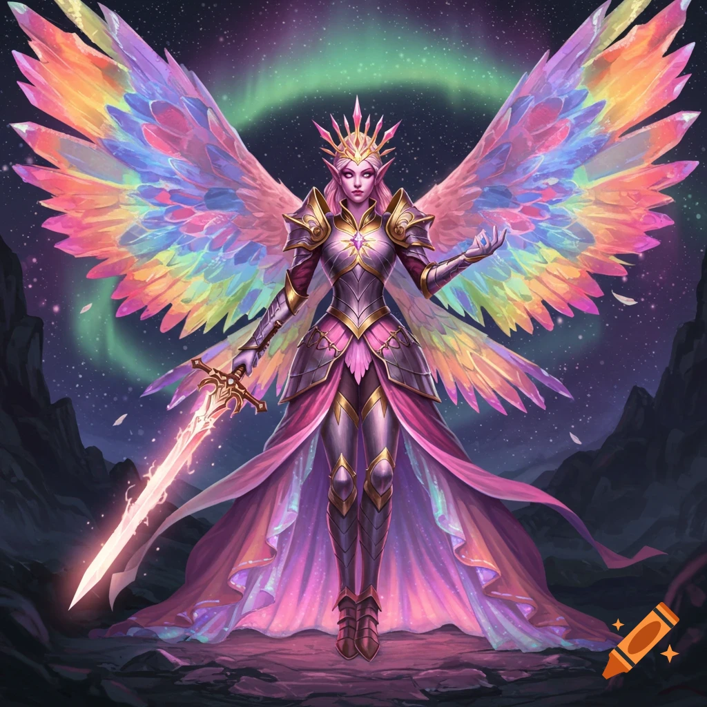 Regal fairy warrior with massive rainbow crystalline wings, pink armor, and a flowing gown, holding a glowing sword under a starry aurora night.