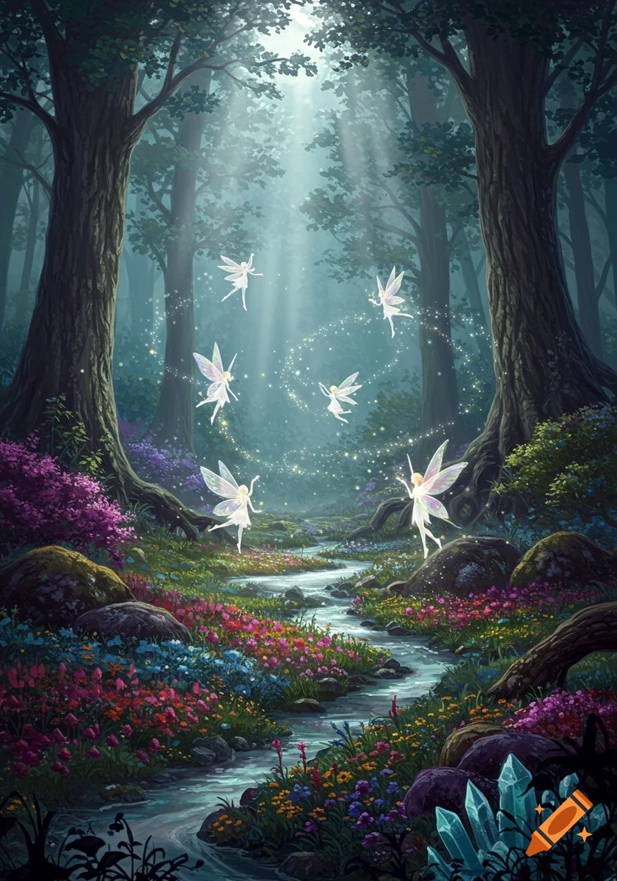 Whimsical illustration of light-winged fairies dancing in an enchanted forest with a winding stream, vibrant wildflowers, and sunbeams.