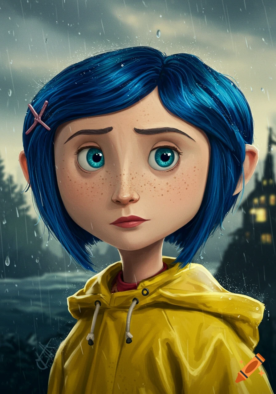 Stylized portrait of Coraline with blue hair and big blue eyes, wearing a yellow raincoat in the rain.