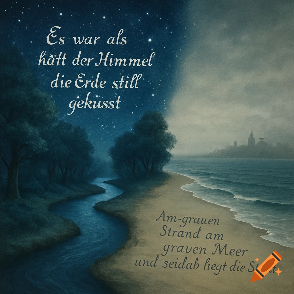 A divided landscape with a starry night, river, and trees on the left, and a cloudy day, beach, ocean, and city on the right, with German text quotes on each side.
