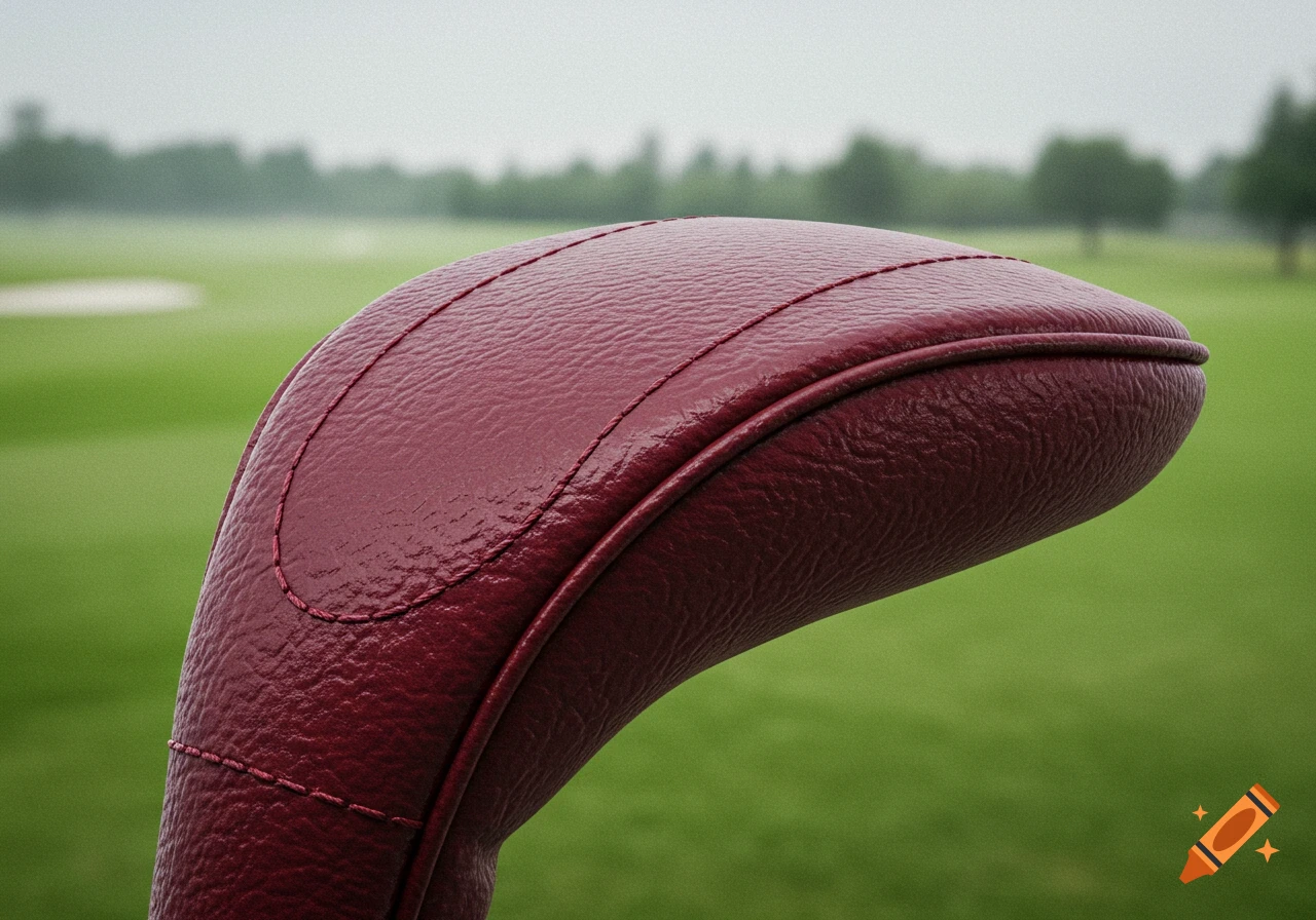 A close-up, photorealistic shot of a maroon golf club headcover on a golf course under a cloudy sky.