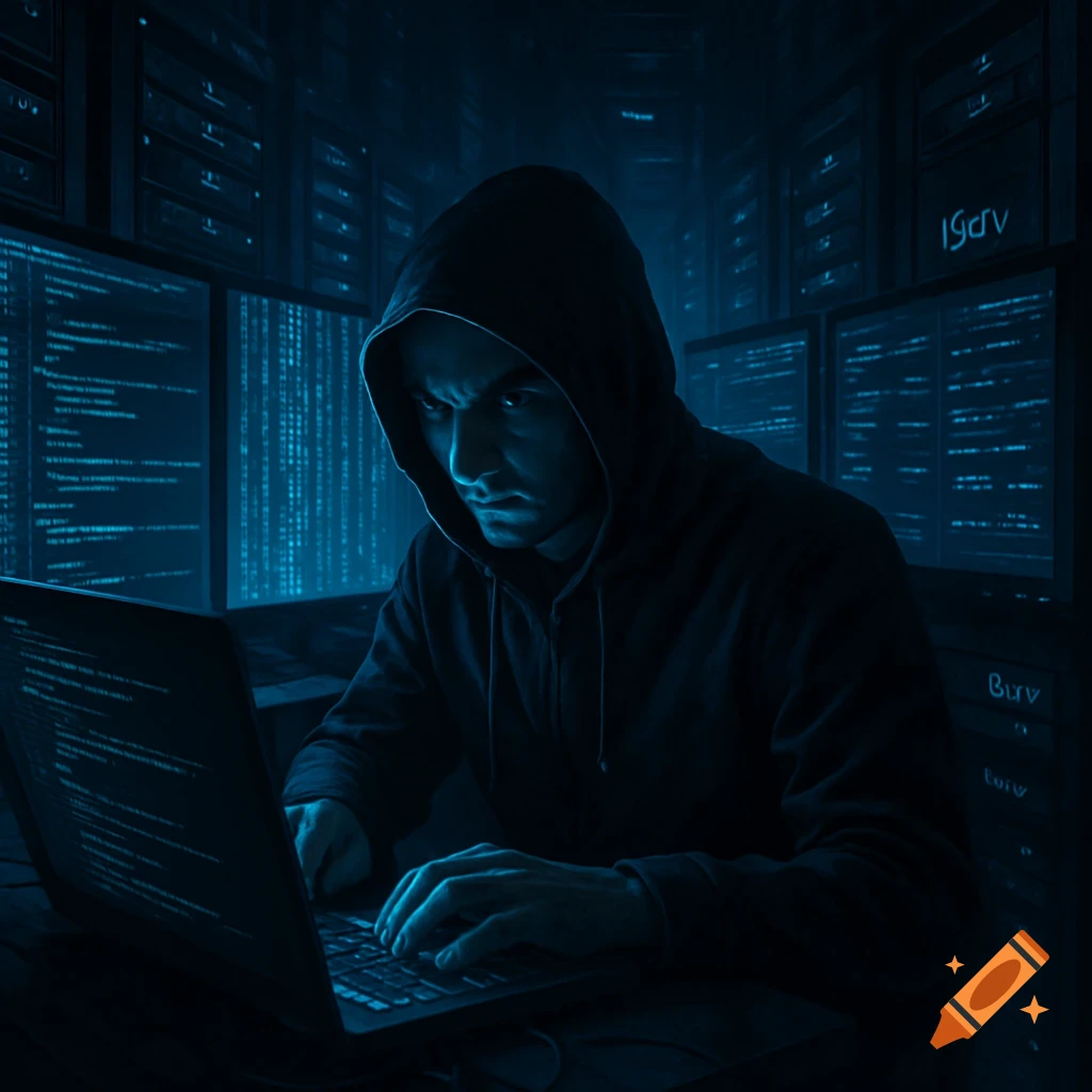 A hooded hacker intensely types on a laptop in a dark server room filled with glowing blue monitors displaying code.