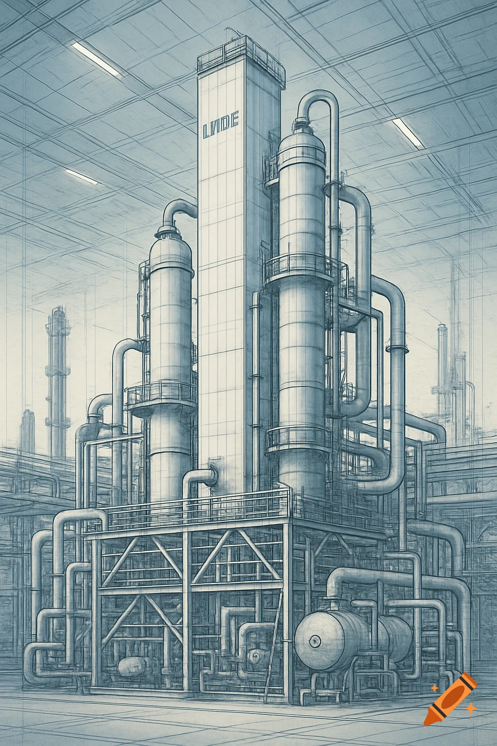 A blueprint-style drawing of an industrial air separation unit with multiple towers and pipes.