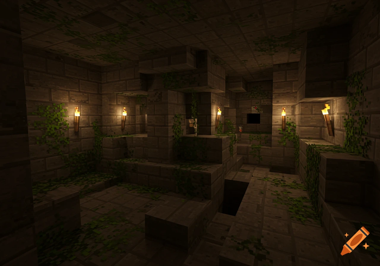 A dark, mossy, blocky Minecraft-style dungeon interior with stone walls, passages, and torches illuminating the scene.
