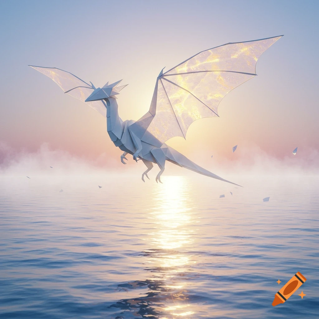 A white origami dragon with translucent wings flies over calm water at sunset.