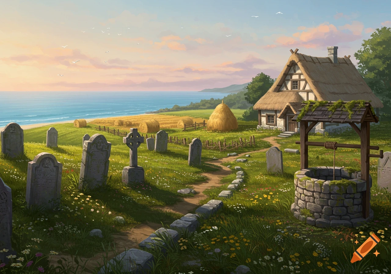 A vibrant, stylized coastal landscape shows a medieval thatched cottage, a well, hay bales, and a cemetery overlooking the sea.