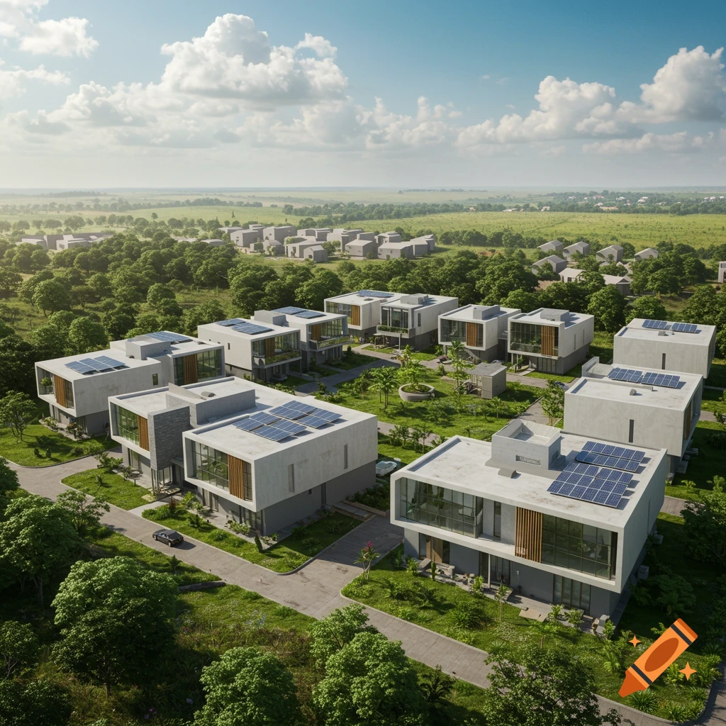 Aerial view of a sustainable, modern housing estate with minimalist architecture, solar panels, and lush green landscaping.