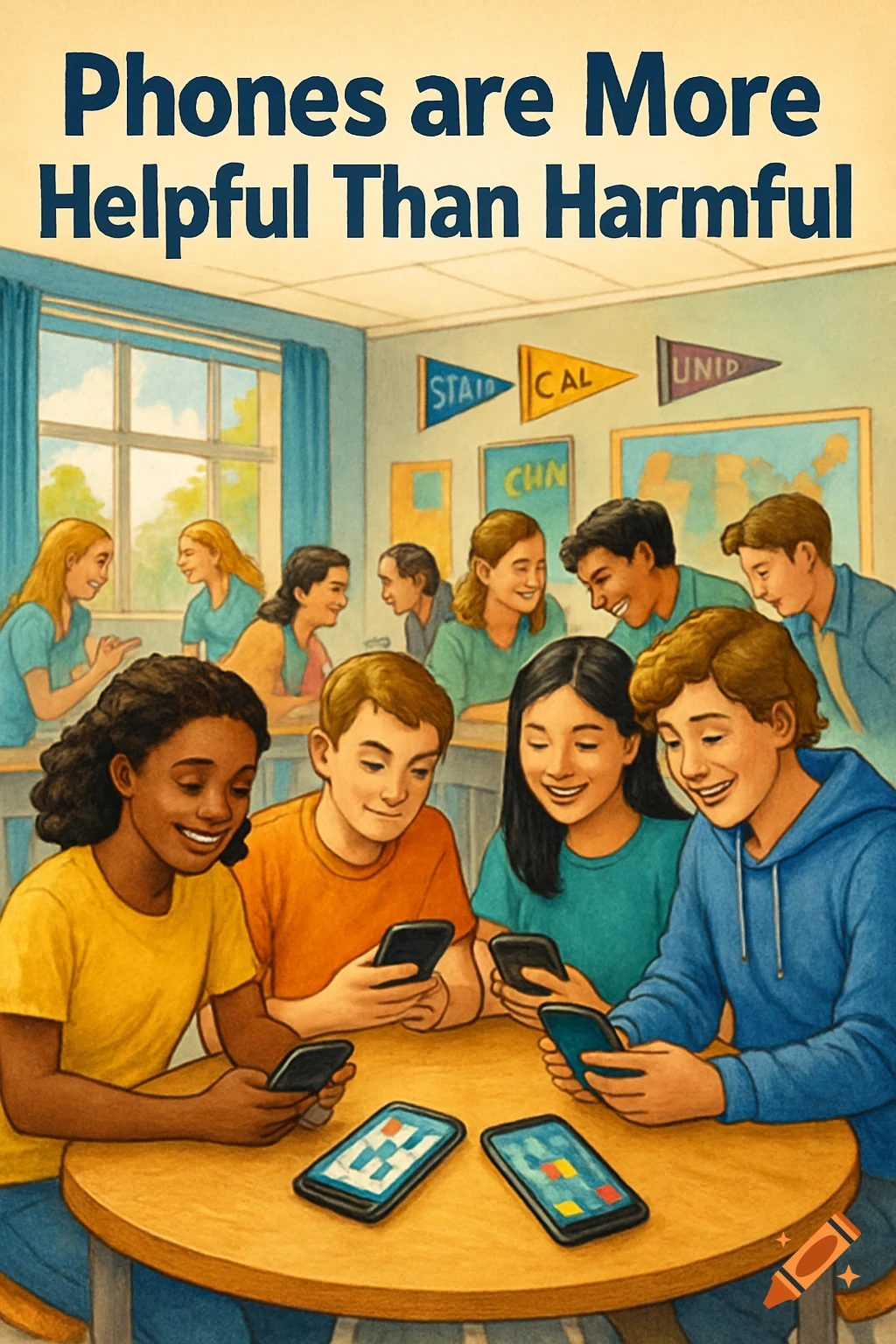 An illustration of a diverse group of high school students in a classroom, some looking at phones. Text reads "Phones are More Helpful Than Harmful."