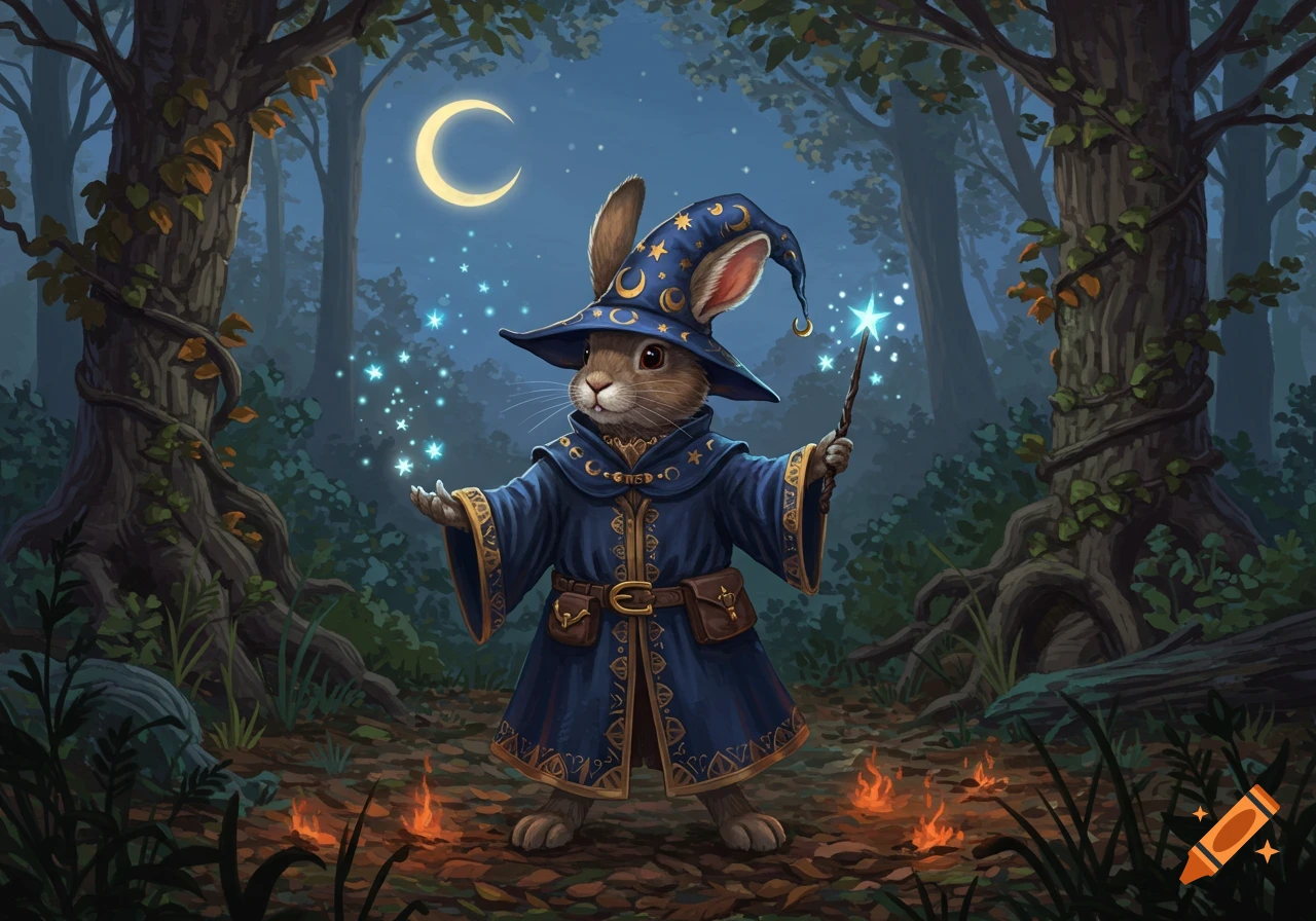 A cute rabbit wizard in a blue robe and hat holds a glowing magic wand in a moonlit forest.