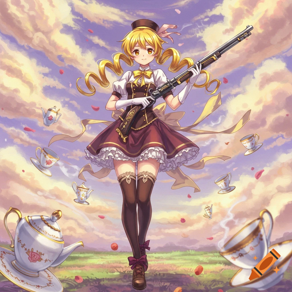 Anime girl with blonde pigtails in a frilly dress and hat holds a rifle amidst floating teacups and petals in a field under a cloudy sky.