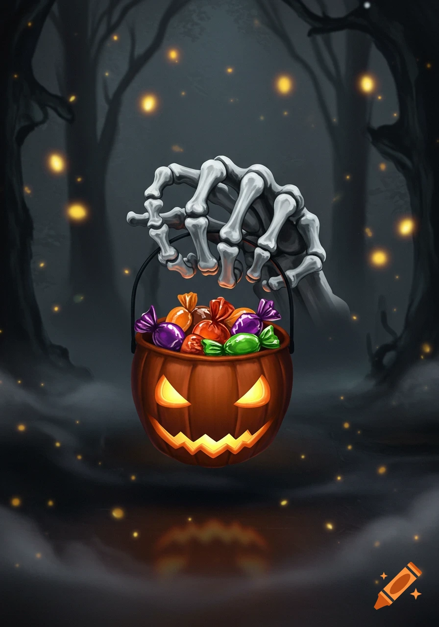 A stylized skeleton hand holds a glowing jack-o'-lantern candy bucket full of colorful treats in a dark, misty forest with sparkling lights.