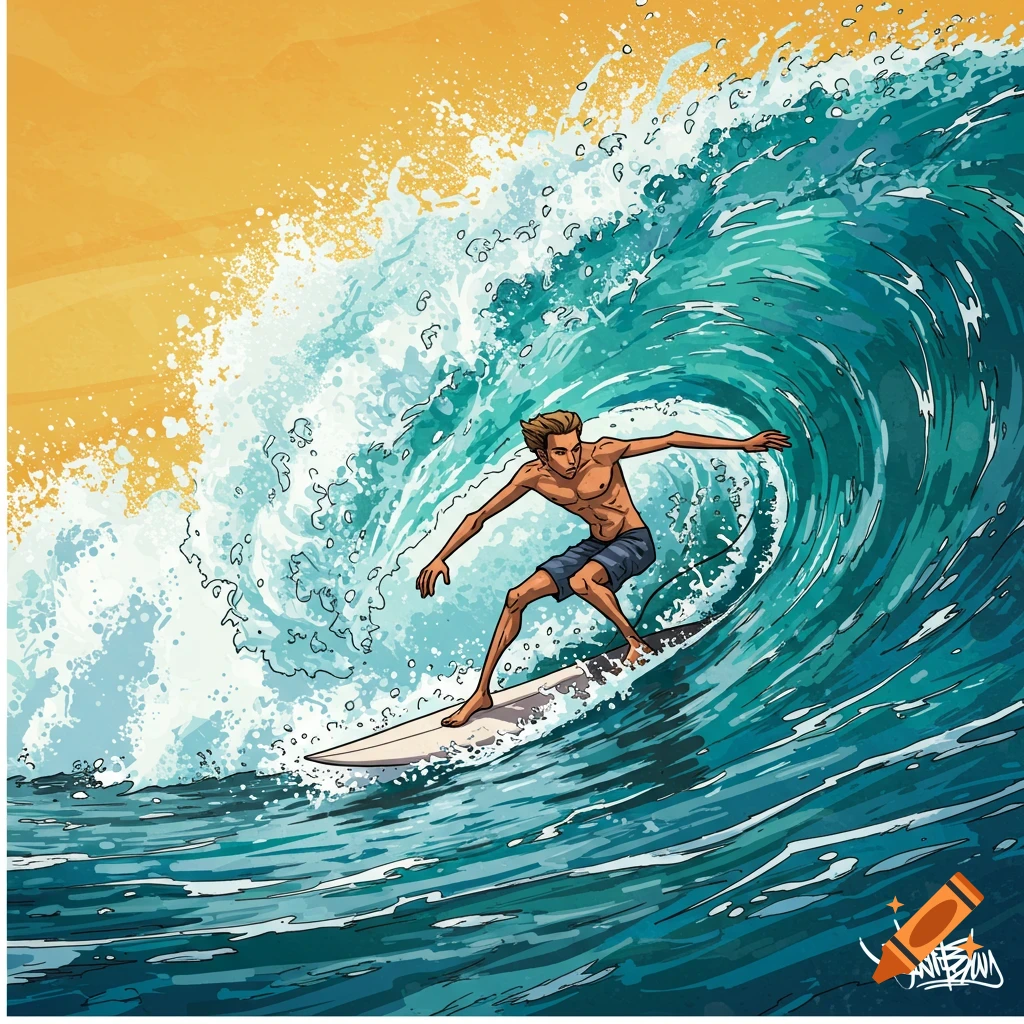 Cartoon illustration of a male surfer riding a large blue ocean wave, with a yellow sandy beach in the background.