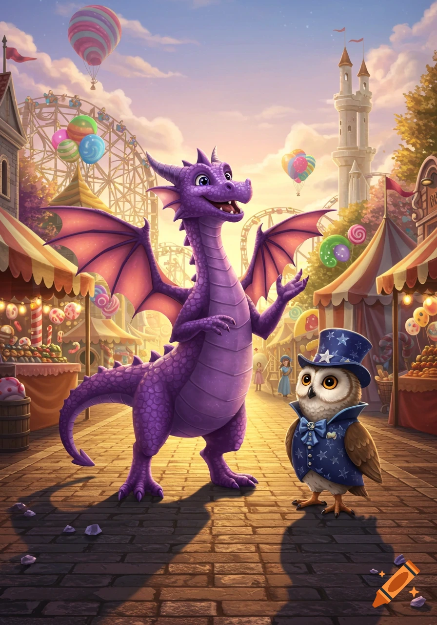 A happy purple dragon and a wise owl in a top hat stand in a vibrant cartoon theme park with stalls and rides.