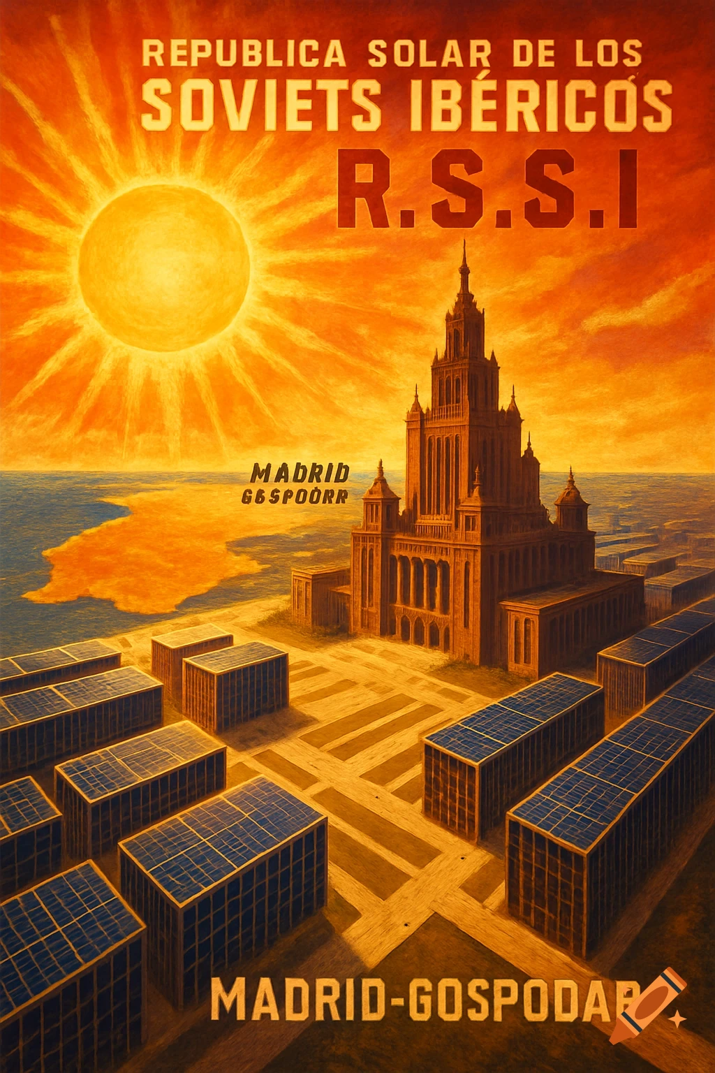 A retro-futuristic propaganda poster depicts a grand building and solar panels under a radiant sun, with text at the top and bottom in red and orange tones.
