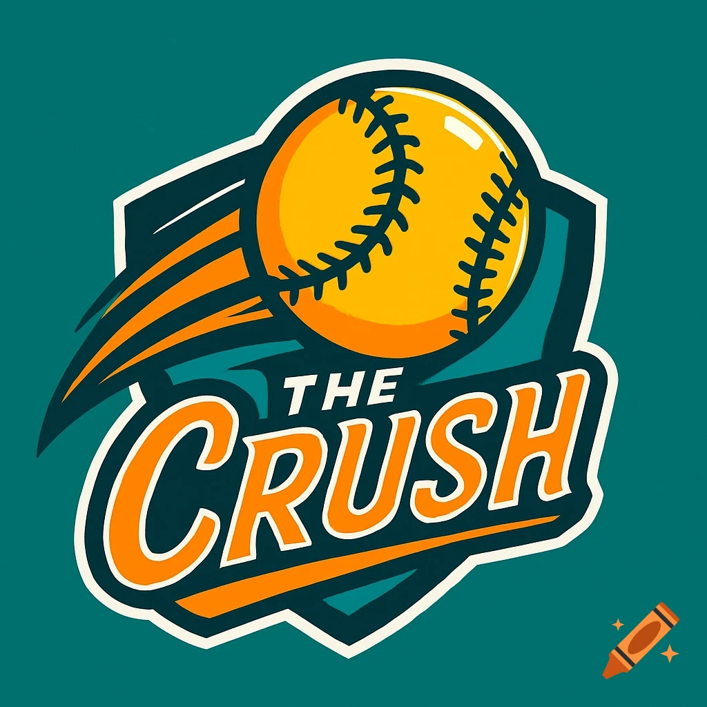A teal, orange, and white logo featuring a softball and the words 'THE CRUSH' on a shield background.