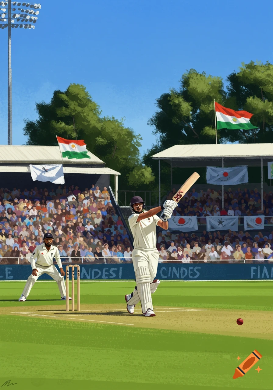 A stylized painting of a cricket match with a batsman hitting a ball, a wicketkeeper behind the stumps, and a stadium filled with spectators under a clear blue sky.