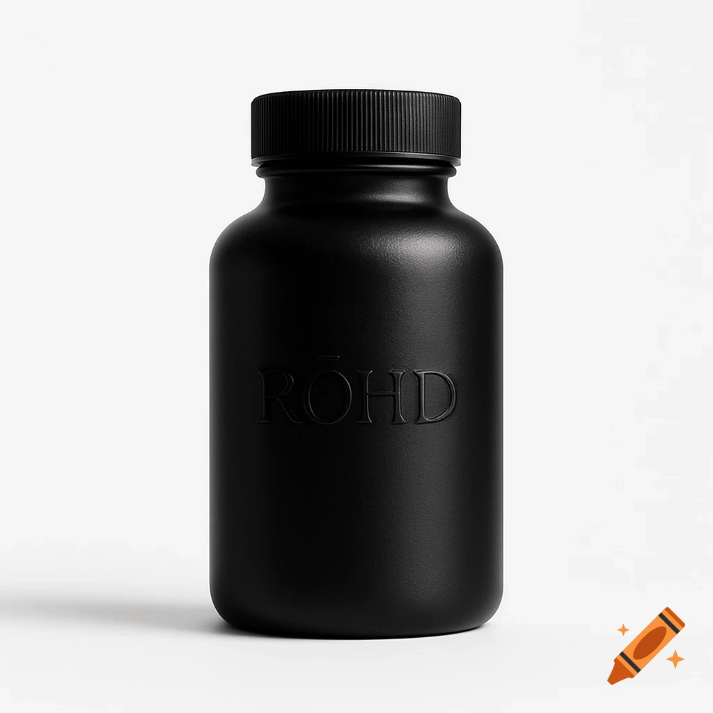 A black, minimalist supplement bottle with 'RŌHD' embossed on it, against a white background.