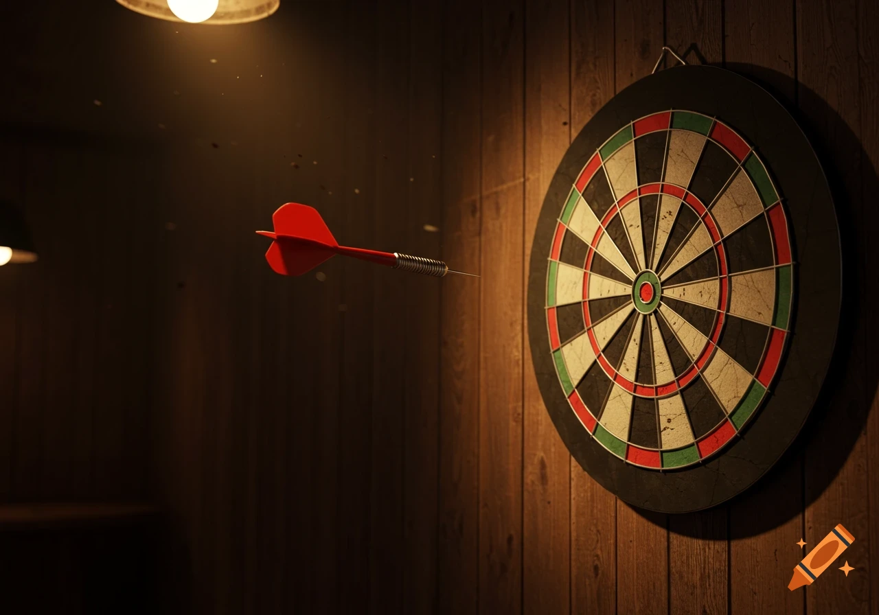 A red dart flying towards a dartboard hanging on a wooden wall, illuminated by a warm light.