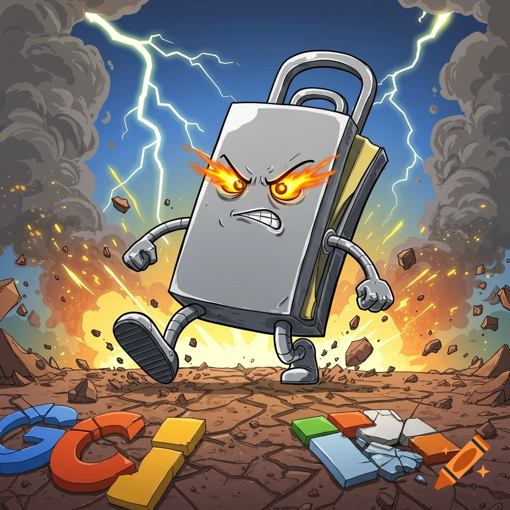 An angry cartoon padlock character with fiery eyes stomps on broken Google and Microsoft logos amidst lightning and explosions.