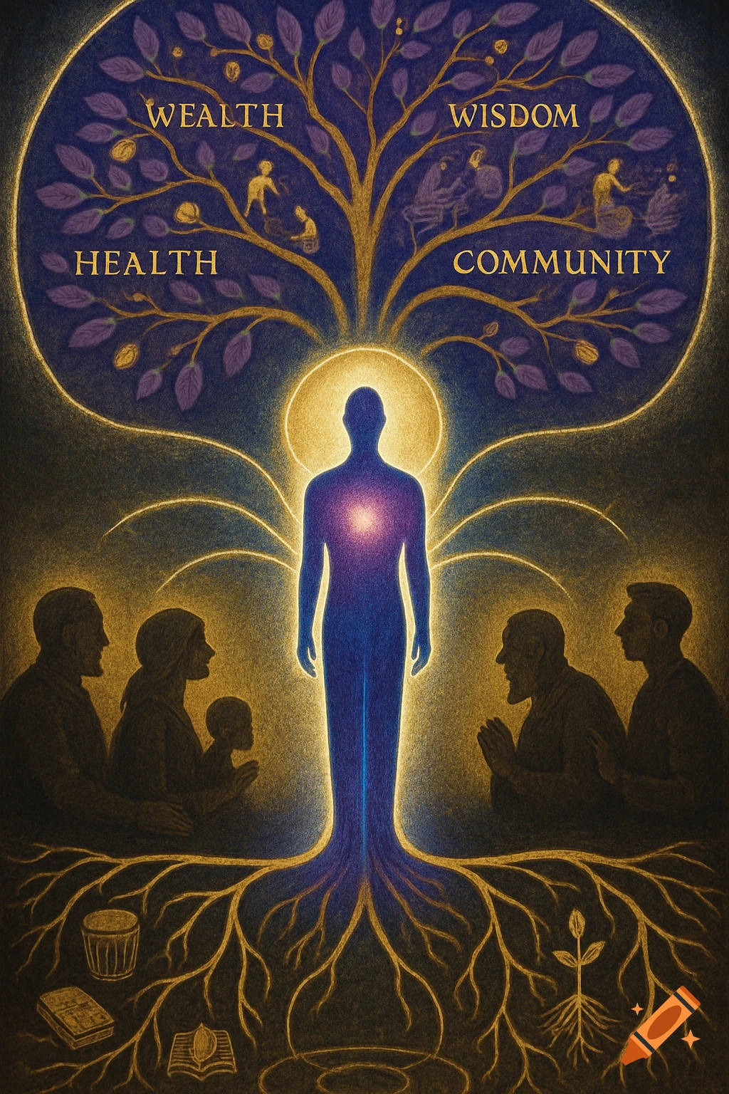 A stylized tree with a glowing human figure as its trunk, surrounded by people, labeled branches "Wealth," "Health," "Wisdom," "Community," and symbolic roots. Artwork.