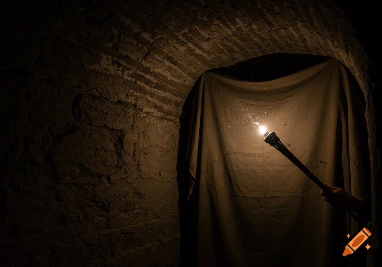 A hand holds a glowing torch, illuminating a dark, arched stone tunnel with a draped fabric on the right side, creating a mysterious atmosphere.