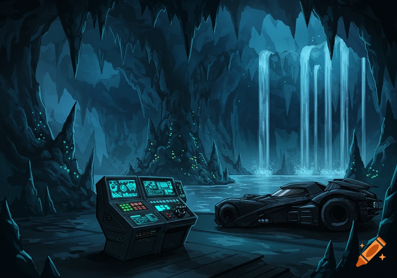 Animated illustration of a batcave with a glowing control panel and a black Batmobile-like car by waterfalls.