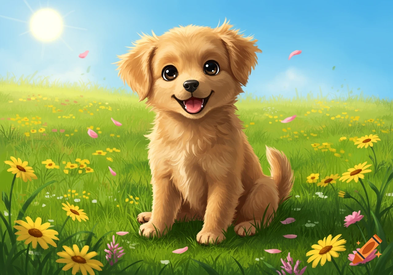 A happy, fluffy golden-brown puppy sits in a sunny green meadow with yellow and pink flowers, cartoon illustration.