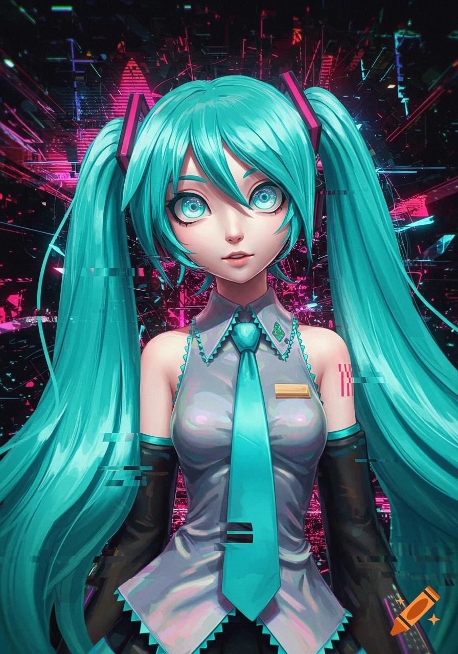 A digitally painted portrait of Hatsune Miku with vibrant teal pigtails, glowing eyes, and a futuristic, glitchy cyberpunk background.