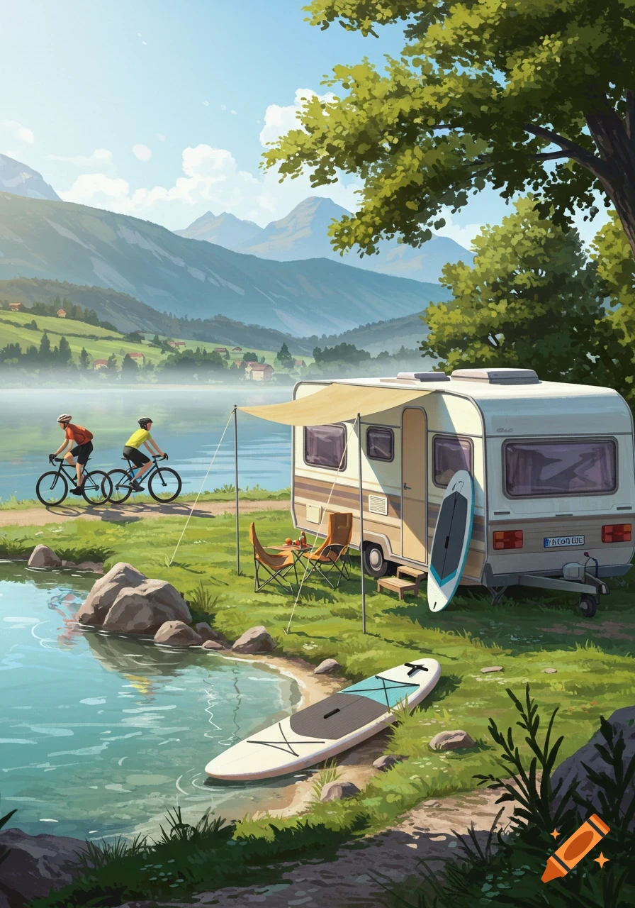 Illustrative scene of a camper van, paddleboards, and cyclists by a mountain lake under a clear sky.