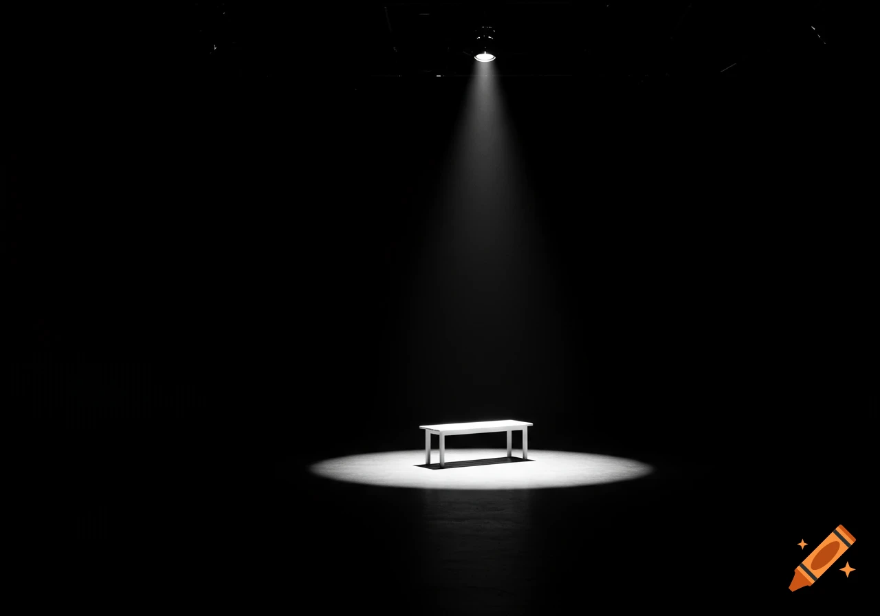 A white table illuminated by a single spotlight in a completely dark room.