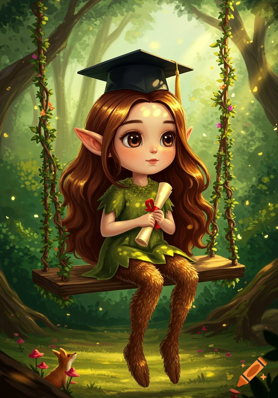 A cute, brown-haired nymph with pointed ears and furry legs wears a graduation cap and holds a diploma while sitting on a swing in a magical forest.