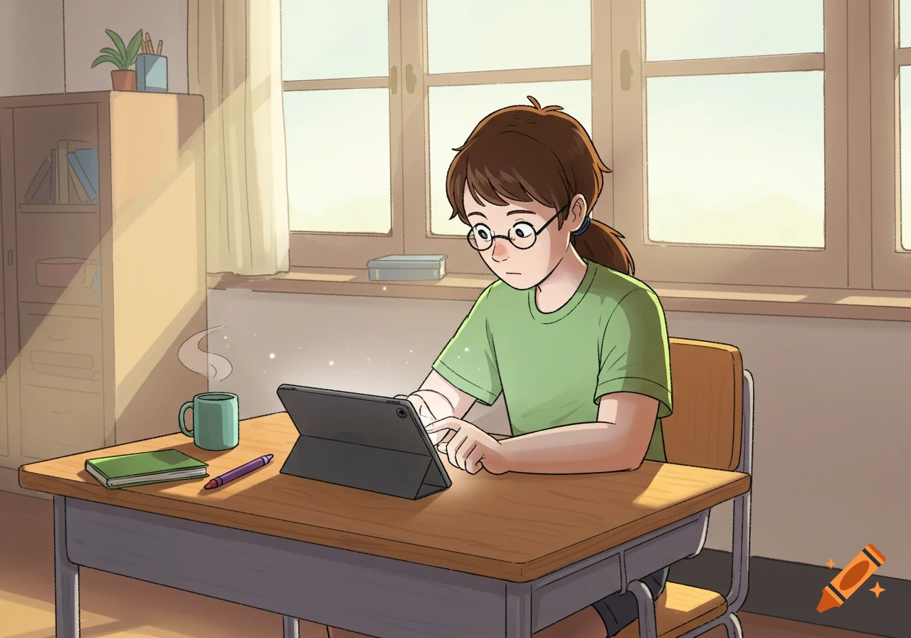 A concentrated student in a simple comic style illustration works on a tablet at a desk in a sunny classroom.