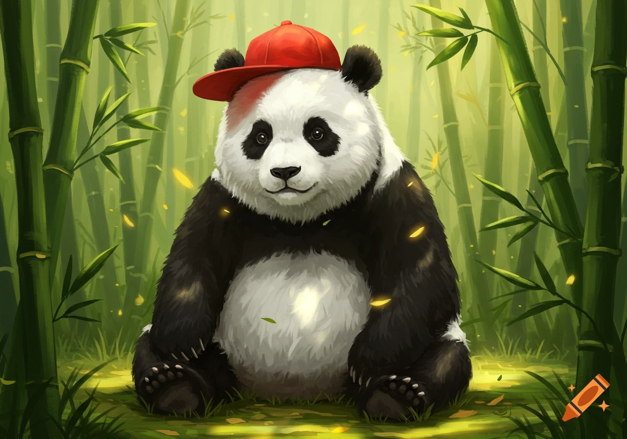 A cute panda wearing a red baseball cap sits in a lush green bamboo forest.
