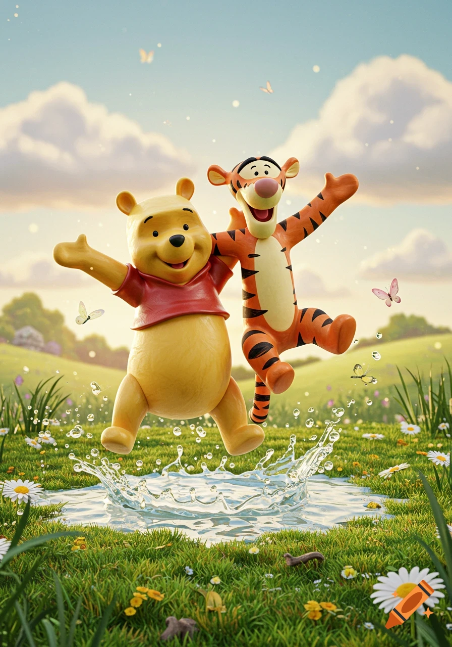 Winnie the Pooh and Tigger, whimsical ceramic figures, joyfully jump and splash in a puddle in a bright green meadow.