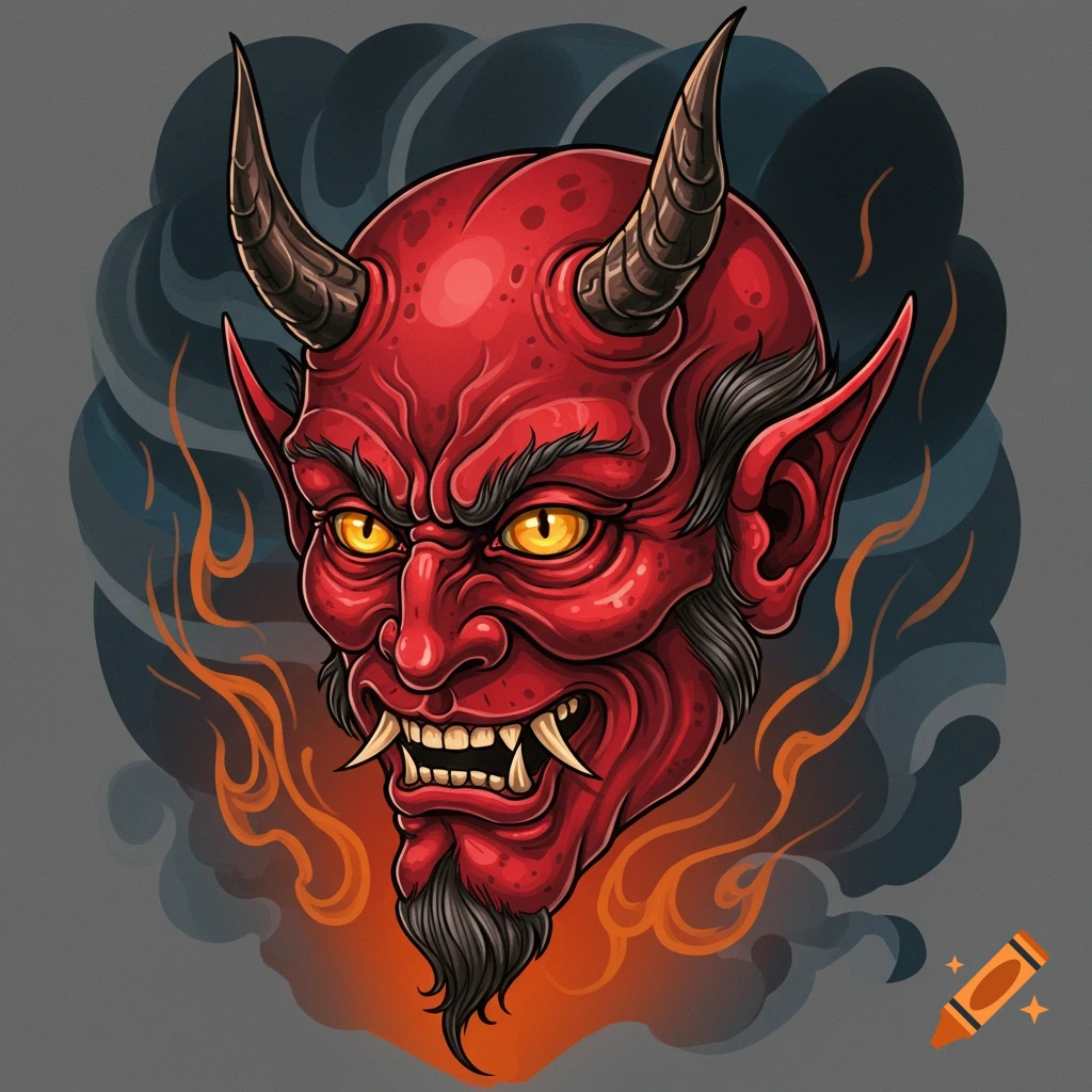 A vibrant red devil head in traditional tattoo style, with horns, fangs, yellow eyes, and a goatee, against a smoky, fiery background.