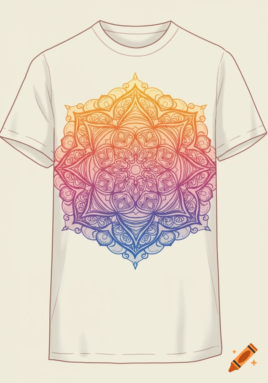 A white t-shirt featuring a vibrant rainbow-colored mandala design centered on the front.