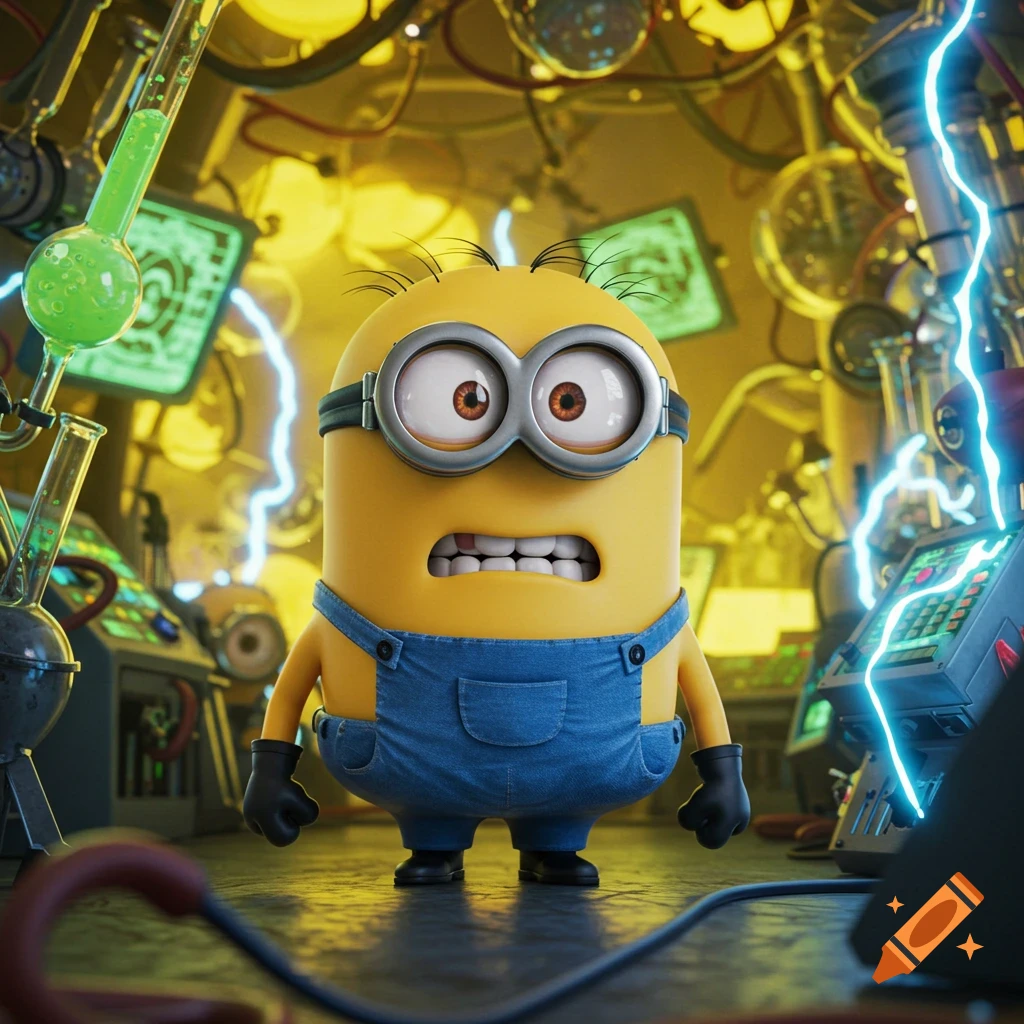 A scared Minion stands in a chaotic science lab with glowing green liquid in beakers and electrical sparks.